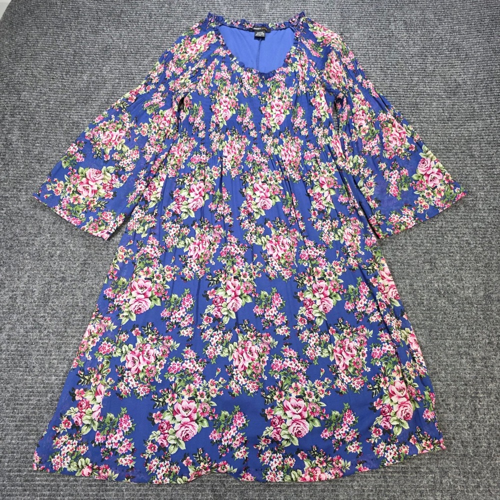 Robert Louis Floral Smocked Midi Dress Women's Size S Blue Pink Rose Bell Sleeve